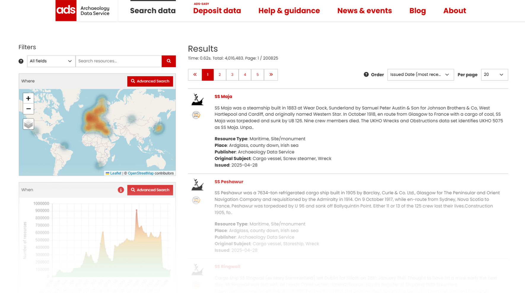 ADS Data Catalogue search results page