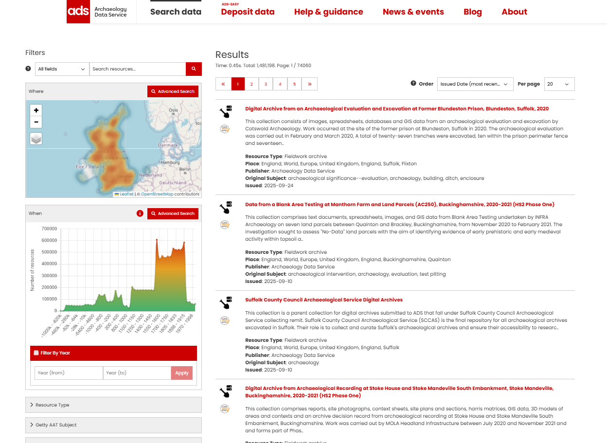 ADS Data Catalogue search results page