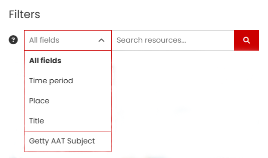 Drop down list of basic text search filters - All fields, Time period, Place, Title, Getty AAT Subject
