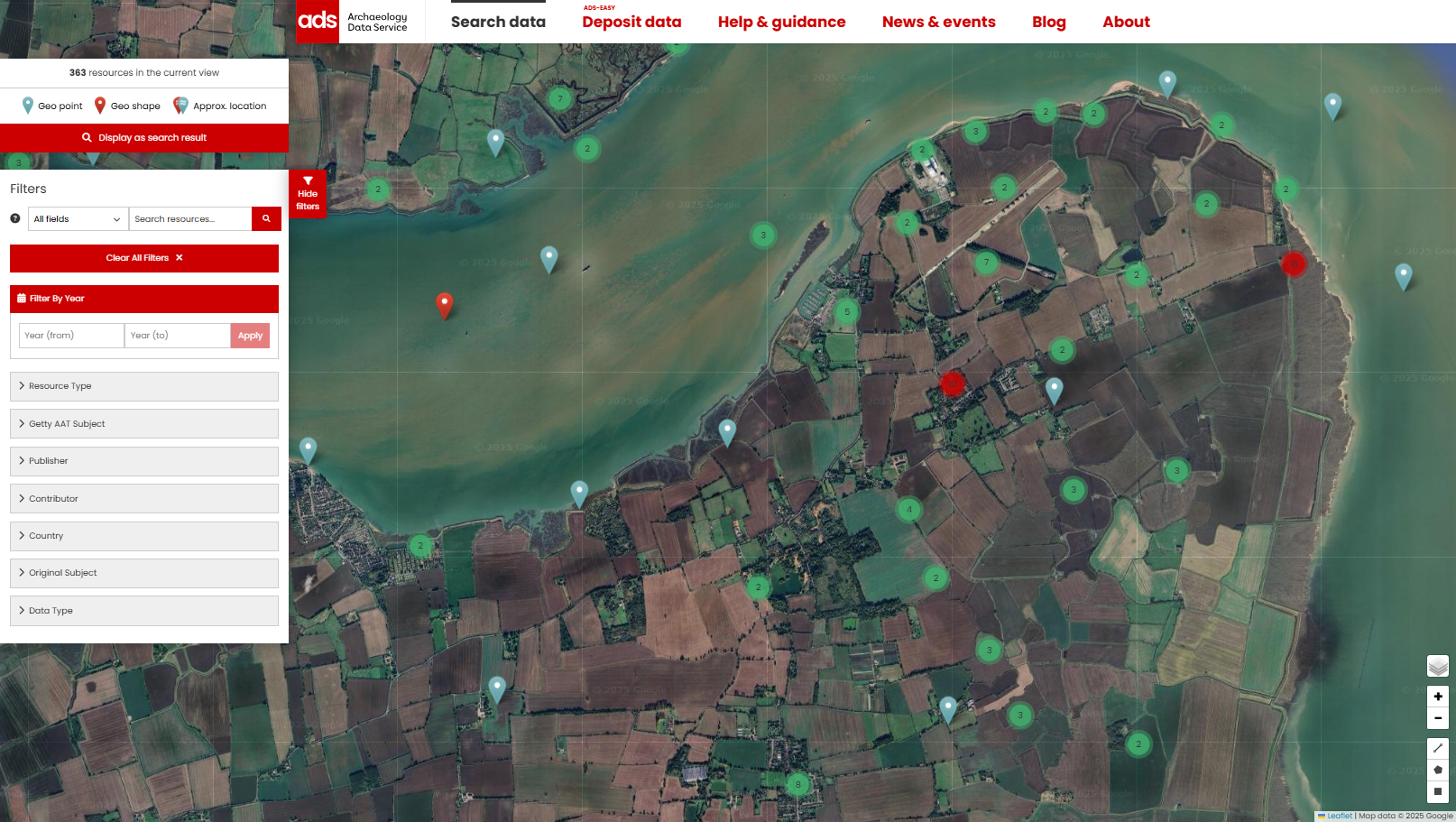 Map in Google satellite mode showing resources