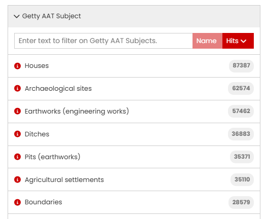 Option menu showing list of 7 most used Getty AAT subjects