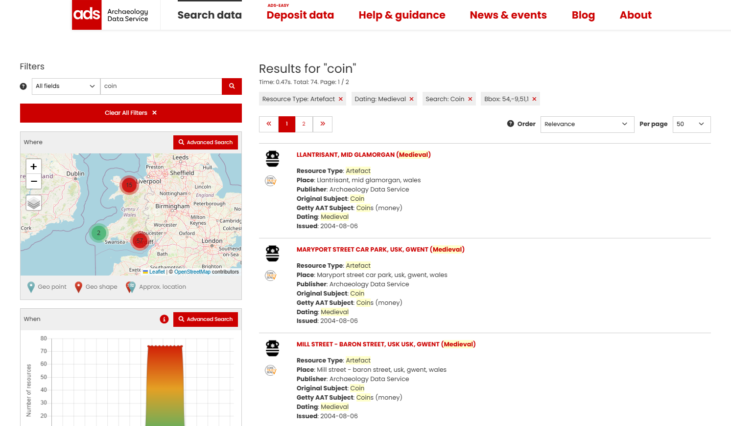 Results page showing records for Coins