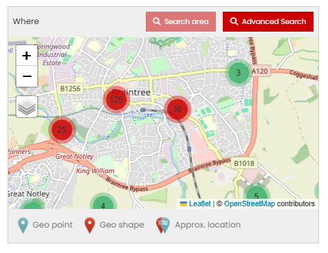 Map of search results with Search area option