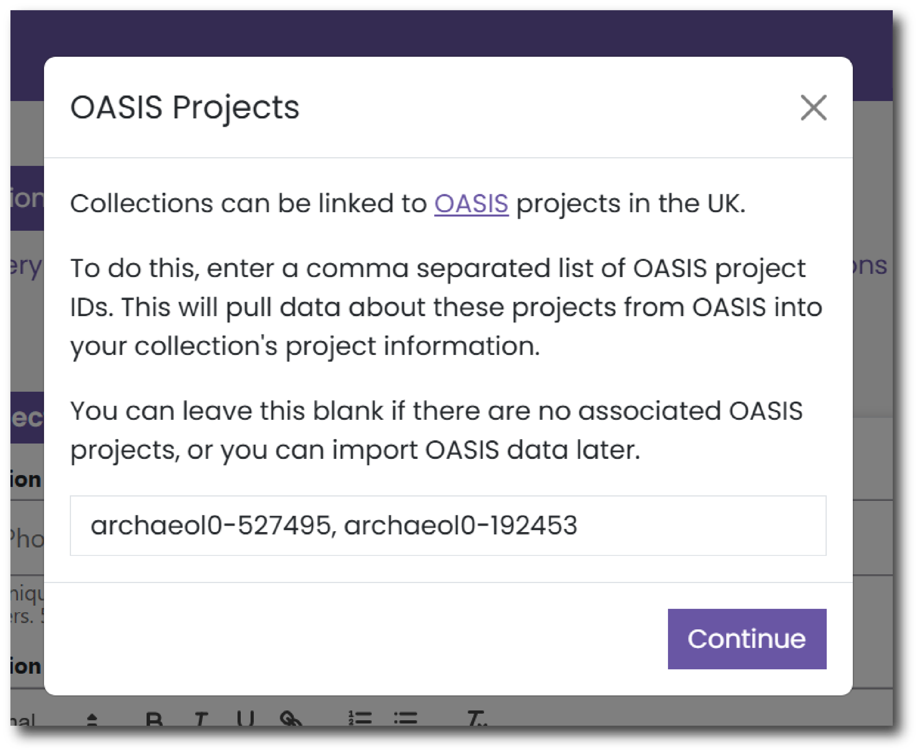 OASIS import interface