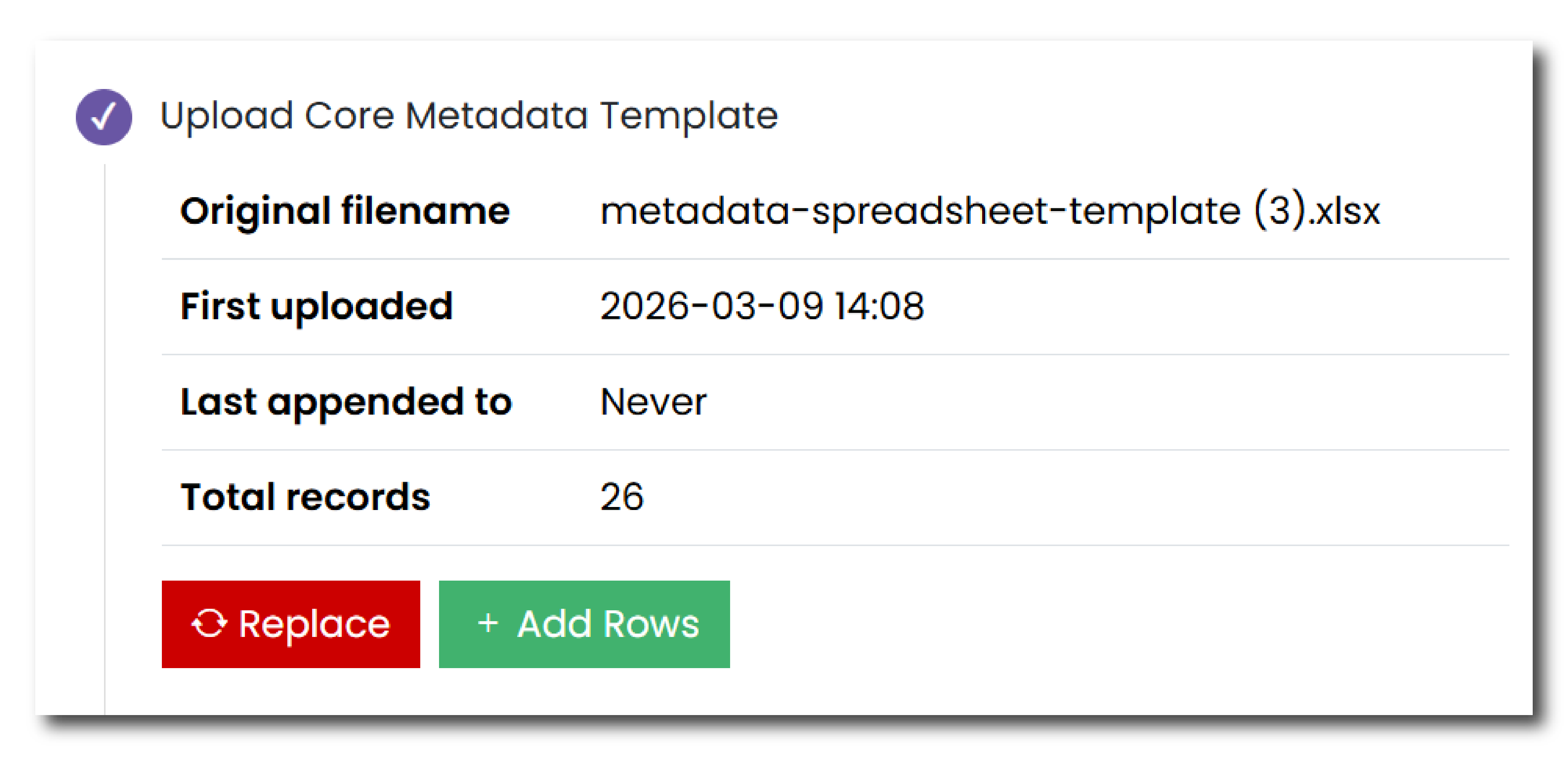 Uploaded Core Metadata Template table