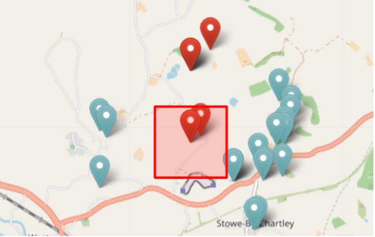 Red pins used on map