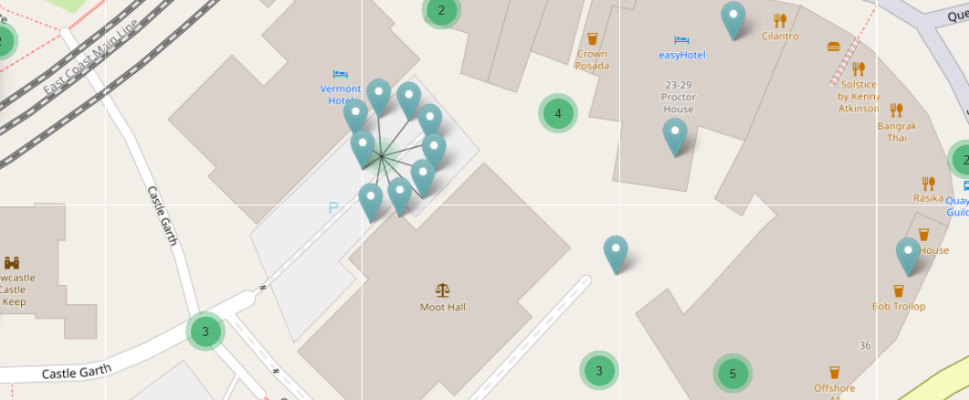 Multiple pins (expanded view) on the map