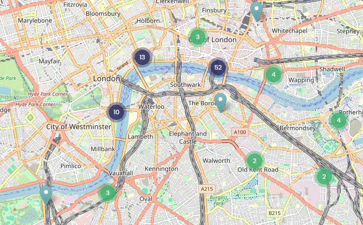 Cluster icons used to denote multiple icons at a map location