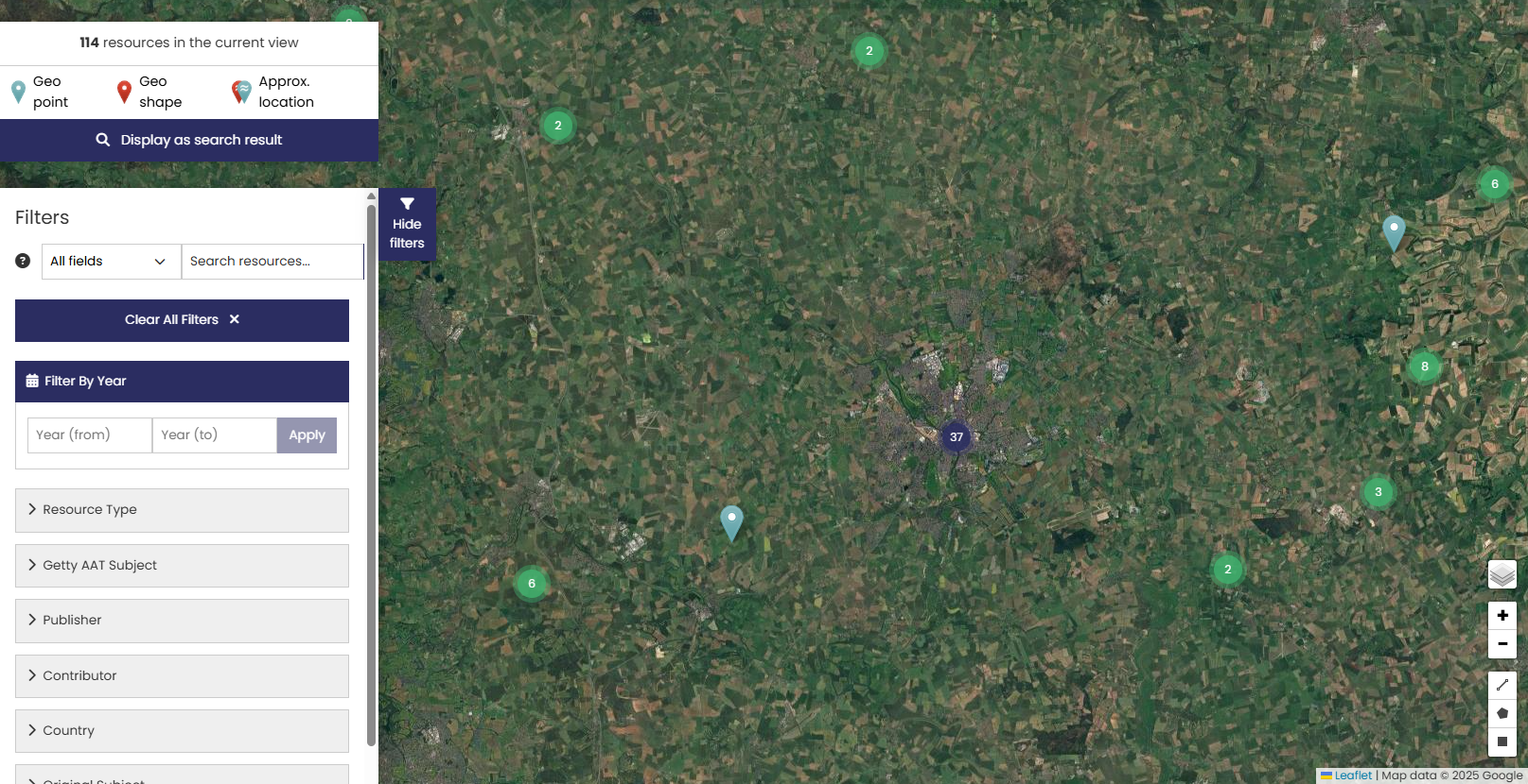 Map in Google satellite mode showing resources