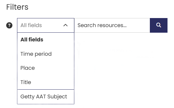 Drop down list of basic text search filters - All fields, Time period, Place, Title, Getty AAT Subject